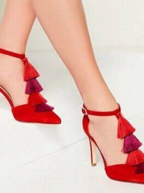 Antonio Melani Camalia Tomato Pure Red Suede Tassel Pointed Slingback Heels 6M